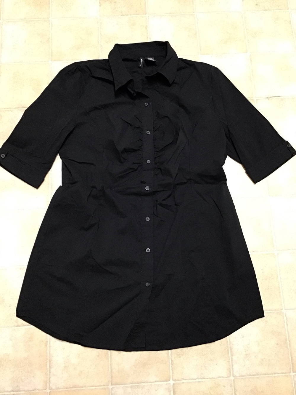 Mixit Stretch Black Midi Shirt Dress with Ruffle Placket Size XL Missing Belt